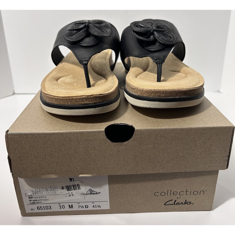 Clarks Shoes Womens Sz 10 Black Brynn Style Thong Sandals Comfort Floral Design